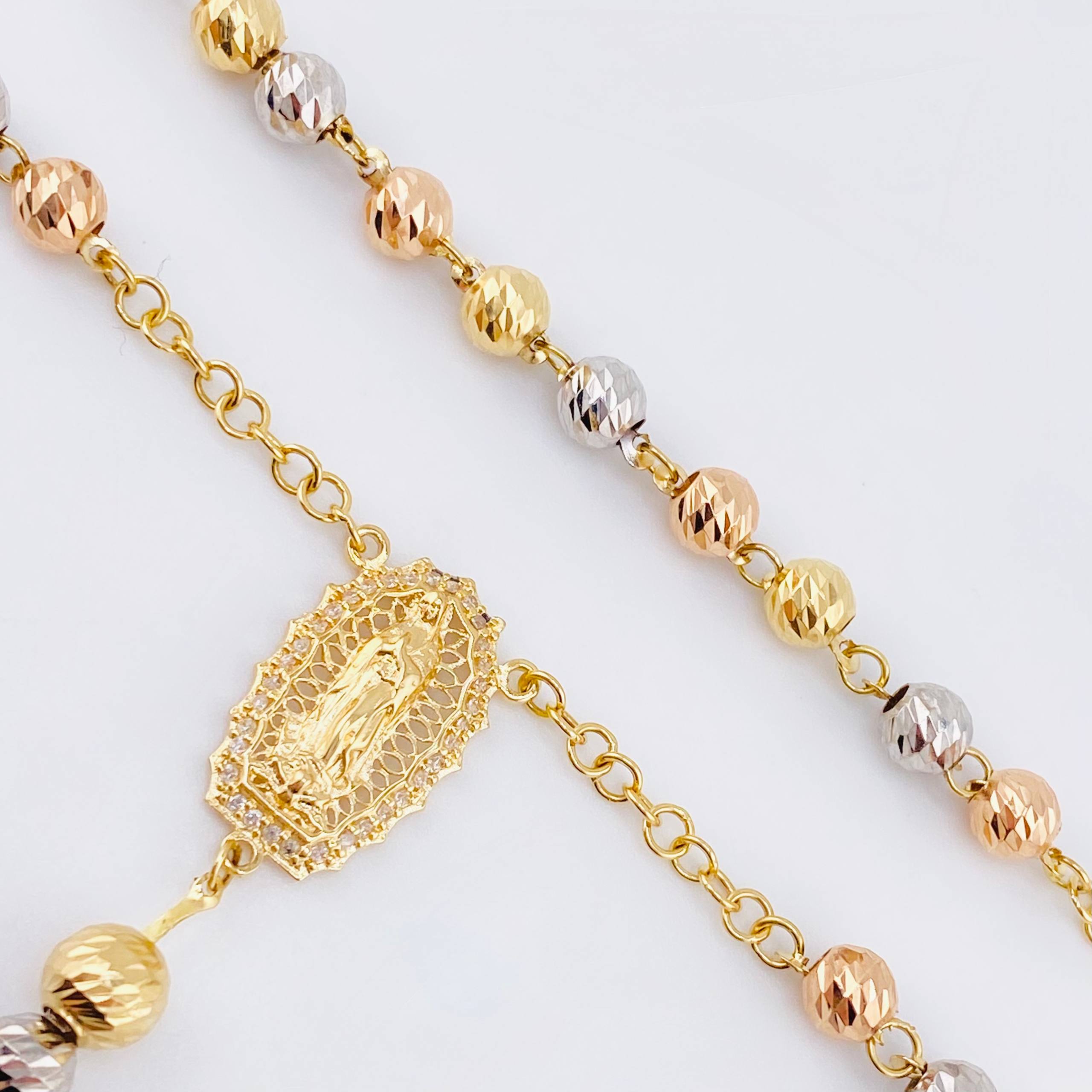 Rosario Virgen Guadalupe Cruz Cristo Bardera 18gr / 60cm / 6mm-5mm Tres Oros 18K ©