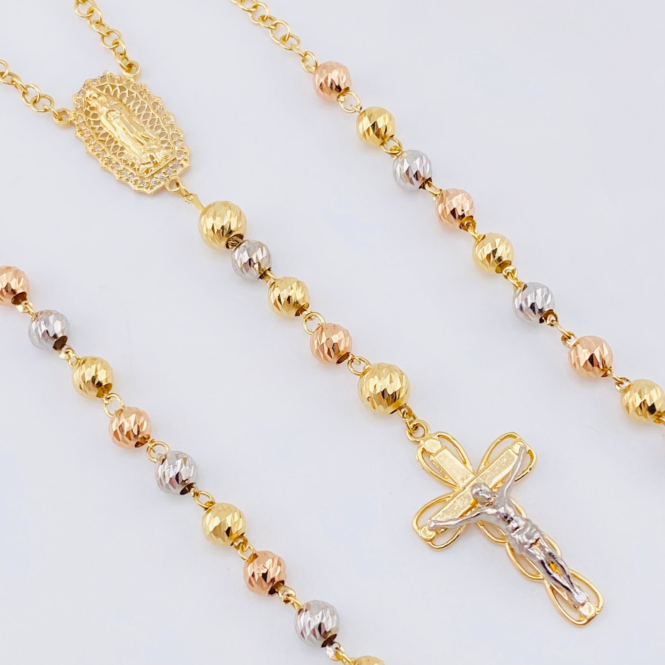 Rosario Virgen Guadalupe Cruz Cristo Bardera 18gr / 60cm / 6mm-5mm Tres Oros 18K ©