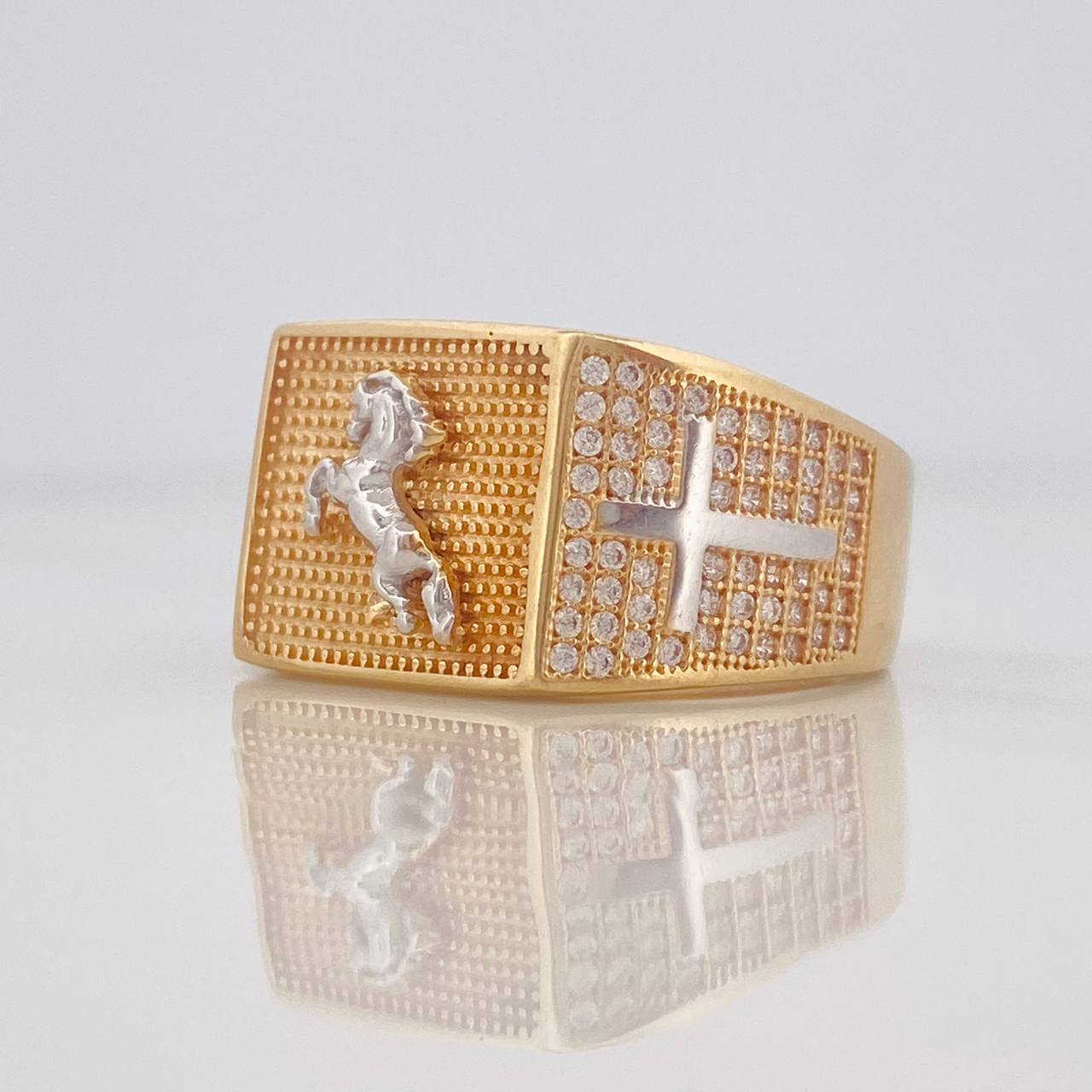 Anillo Sello Caballo 8.1g / T10 Dos Oros Amarillo Blanco 18K
