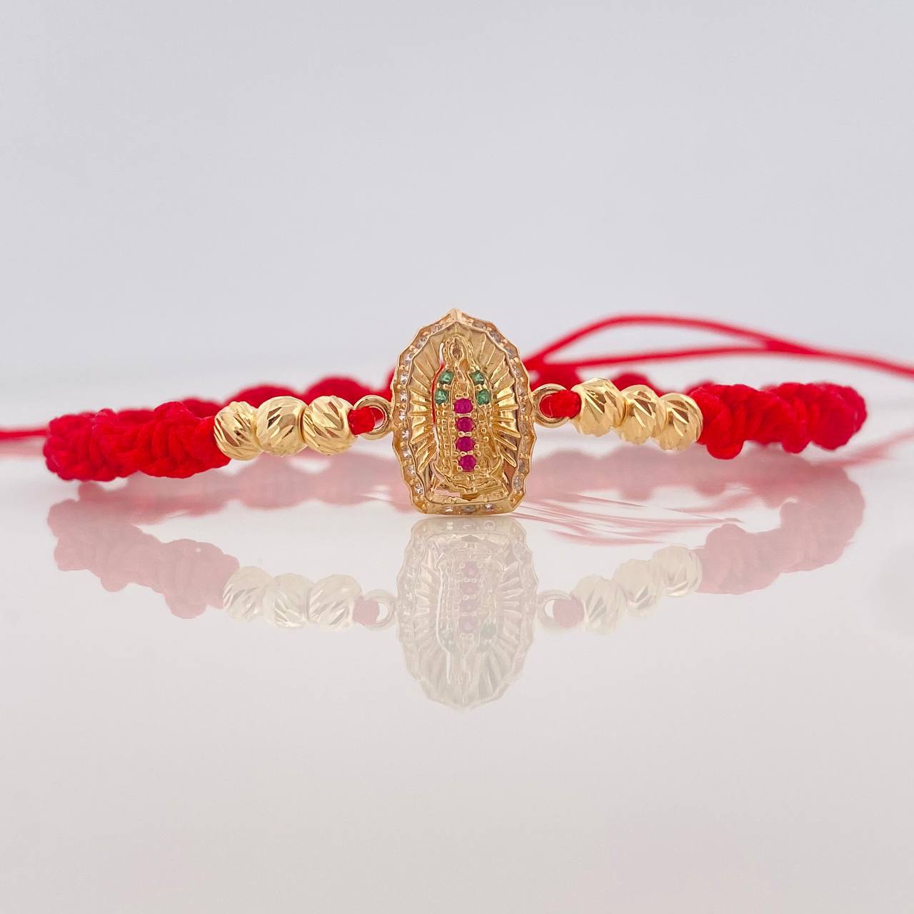 Pulsera Tejida Roja Virgen Guadalupe Oro Amarillo 18K