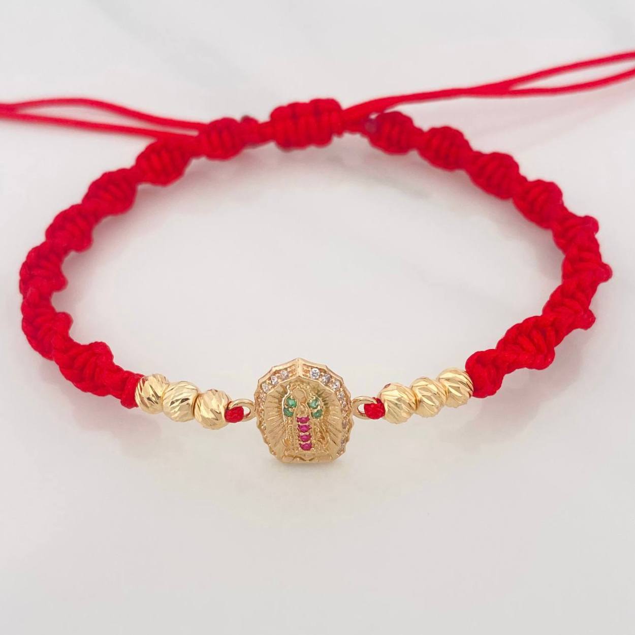 Pulsera Tejida Roja Virgen Guadalupe Oro Amarillo 18K