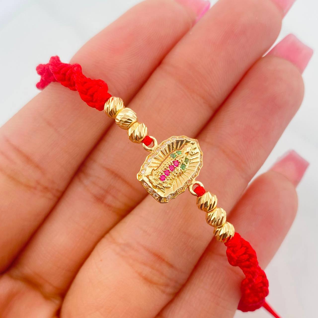 Pulsera Tejida Roja Virgen Guadalupe Oro Amarillo 18K