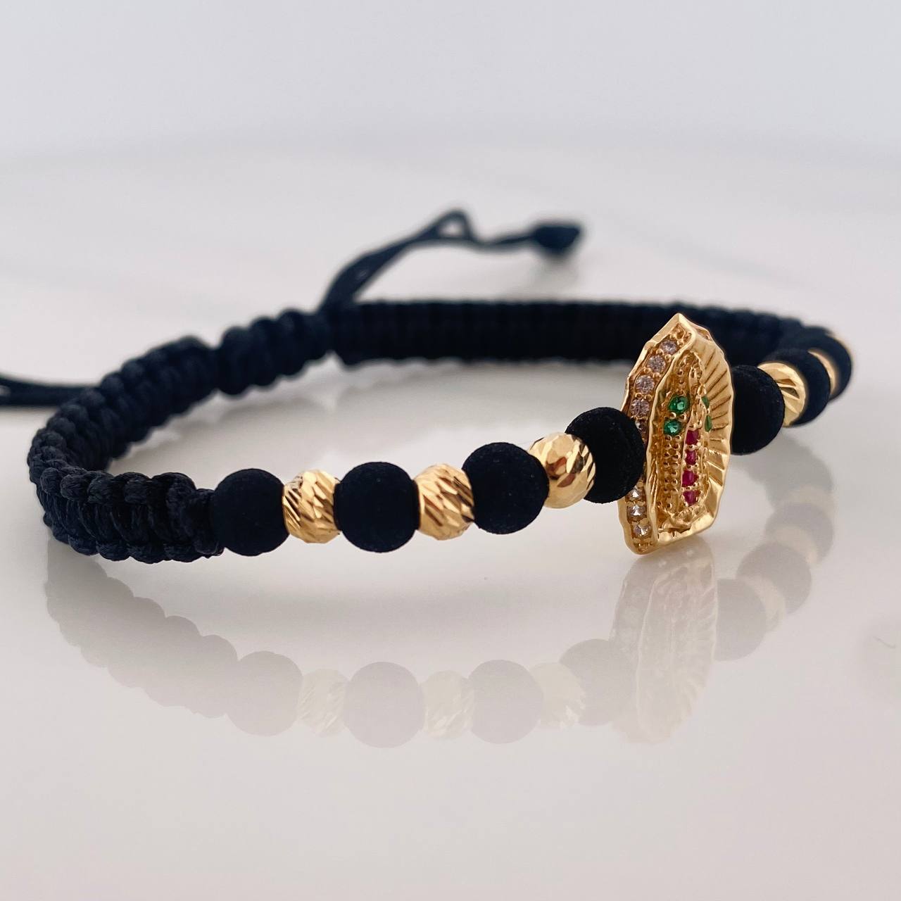 Pulsera Tejida Negra Virgen Guadalupe Oro Amarillo 18K