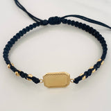 Pulsera Tejida Negra Placa Cuadrada Oro Amarillo 18K