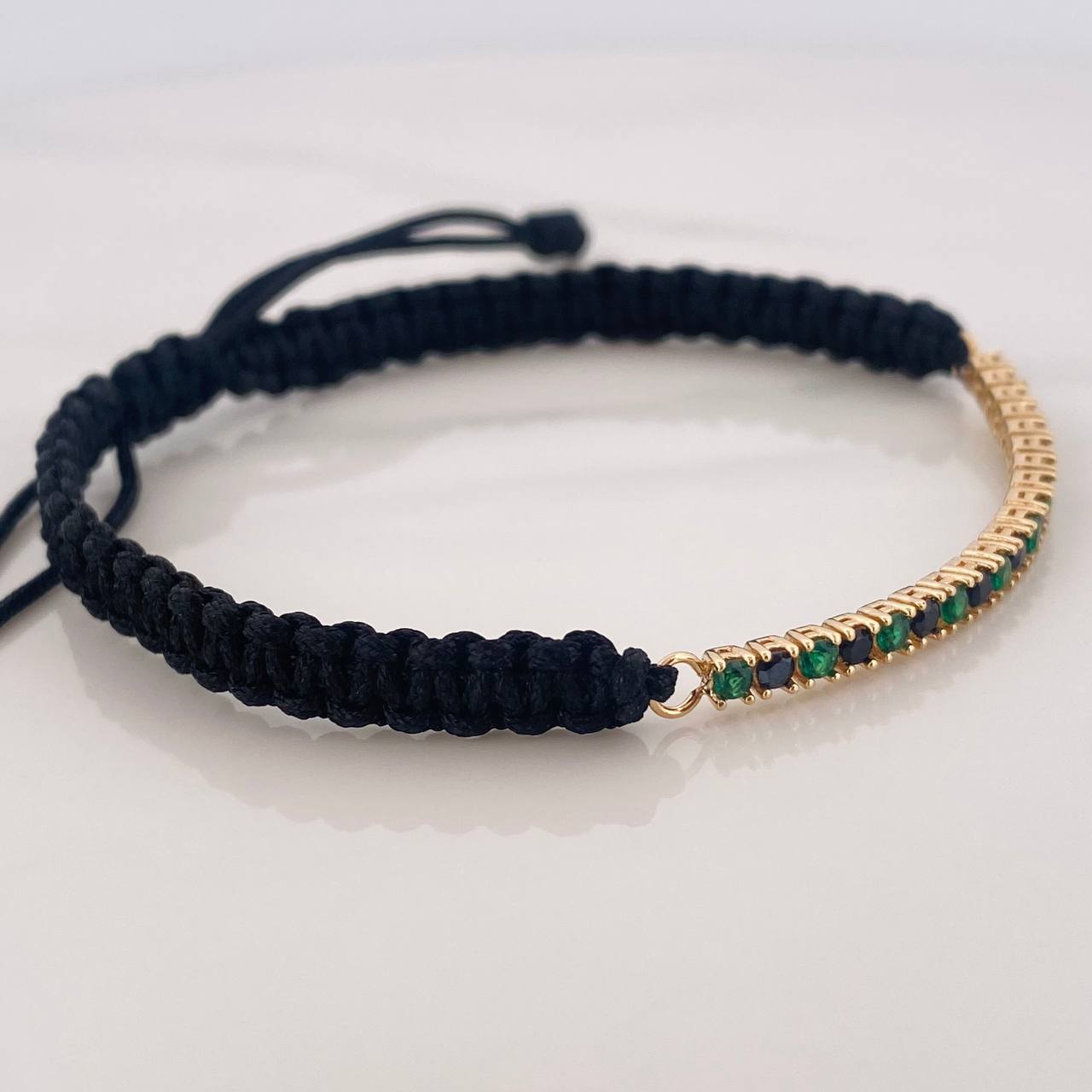 Pulsera Tejida Negra Tennis Oro Amarillo 18K
