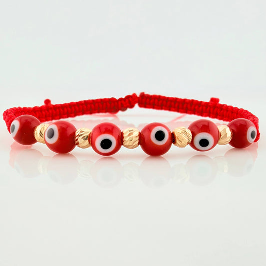 Pulsera Tejida Roja Ojos Turcos Bolas Diamantadas 5Und Oro Amarillo 18K