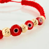 Pulsera Tejida Roja Ojos Turcos Bolas Diamantadas 5Und Oro Amarillo 18K