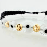 Pulsera Tejida Negra Ojos Turcos Blancos Bolas Diamantadas 5Und Oro Amarillo 18K
