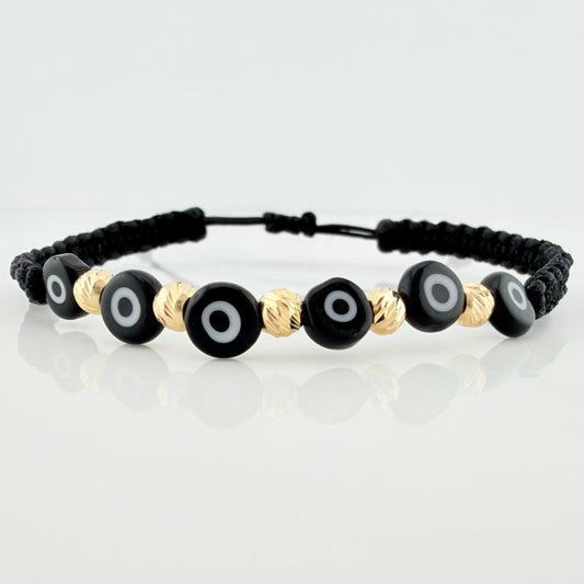 Pulsera Tejida Negra Ojos Turcos Negros Bolas Diamantadas 5Und Oro Amarillo 18K