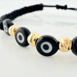 Pulsera Tejida Negra Ojos Turcos Negros Bolas Diamantadas 5Und Oro Amarillo 18K