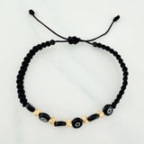 Pulsera Tejida Negra Ojos Turcos Negros Bolas Diamantadas 5Und Oro Amarillo 18K