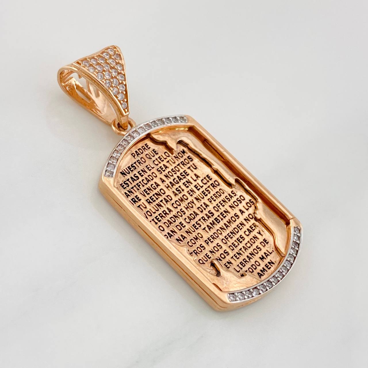 Dije Placa Padre Nuestro 7.6g / 4cm Dos Oros Blanco Rosa 18K