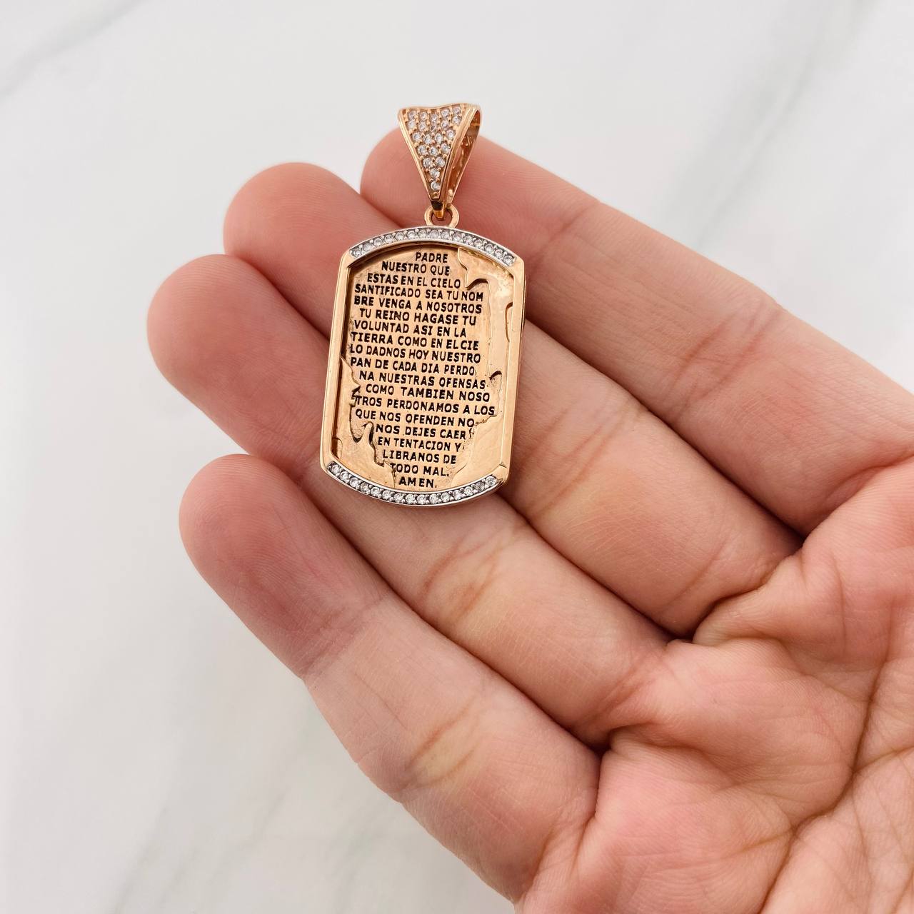 Dije Placa Padre Nuestro 7.6g / 4cm Dos Oros Blanco Rosa 18K