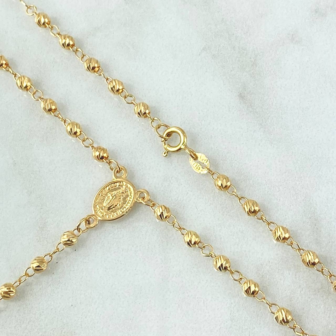 Rosario Virgen Milagrosa 6.75gr / 50cm / 3mm-4mm Bolas Diamantadas Cruz Cristo Floreada Oro Amarillo 18K