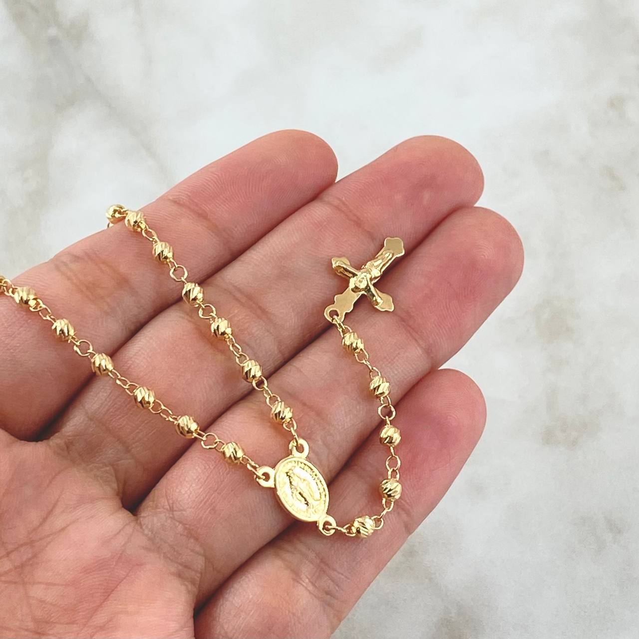 Rosario Virgen Milagrosa 6.75gr / 50cm / 3mm-4mm Bolas Diamantadas Cruz Cristo Floreada Oro Amarillo 18K