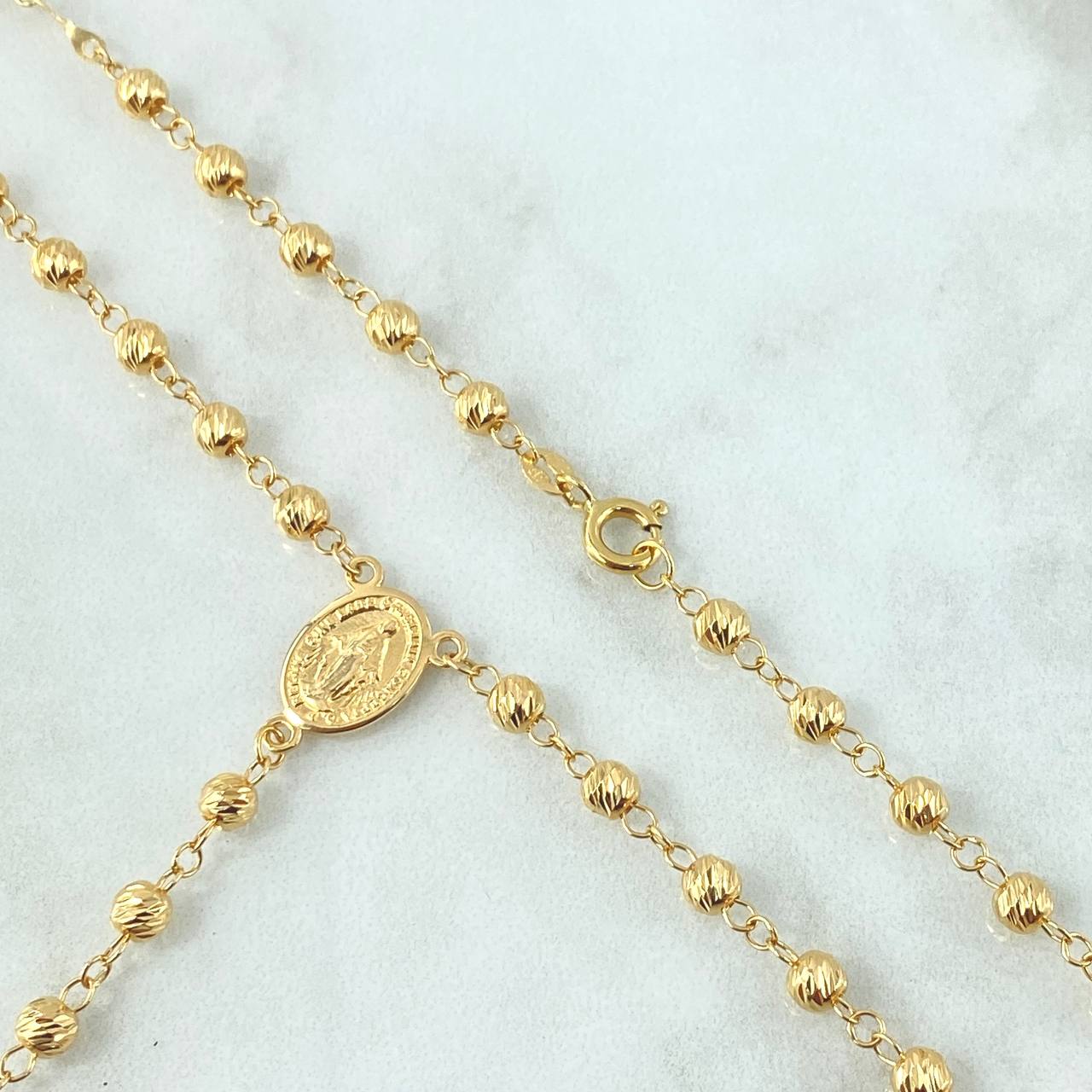 Rosario Virgen Milagrosa 10.95gr / 60cm / 4mm-5mm Bolas Diamantadas Cruz Cristo Floreada Oro Amarillo 18K