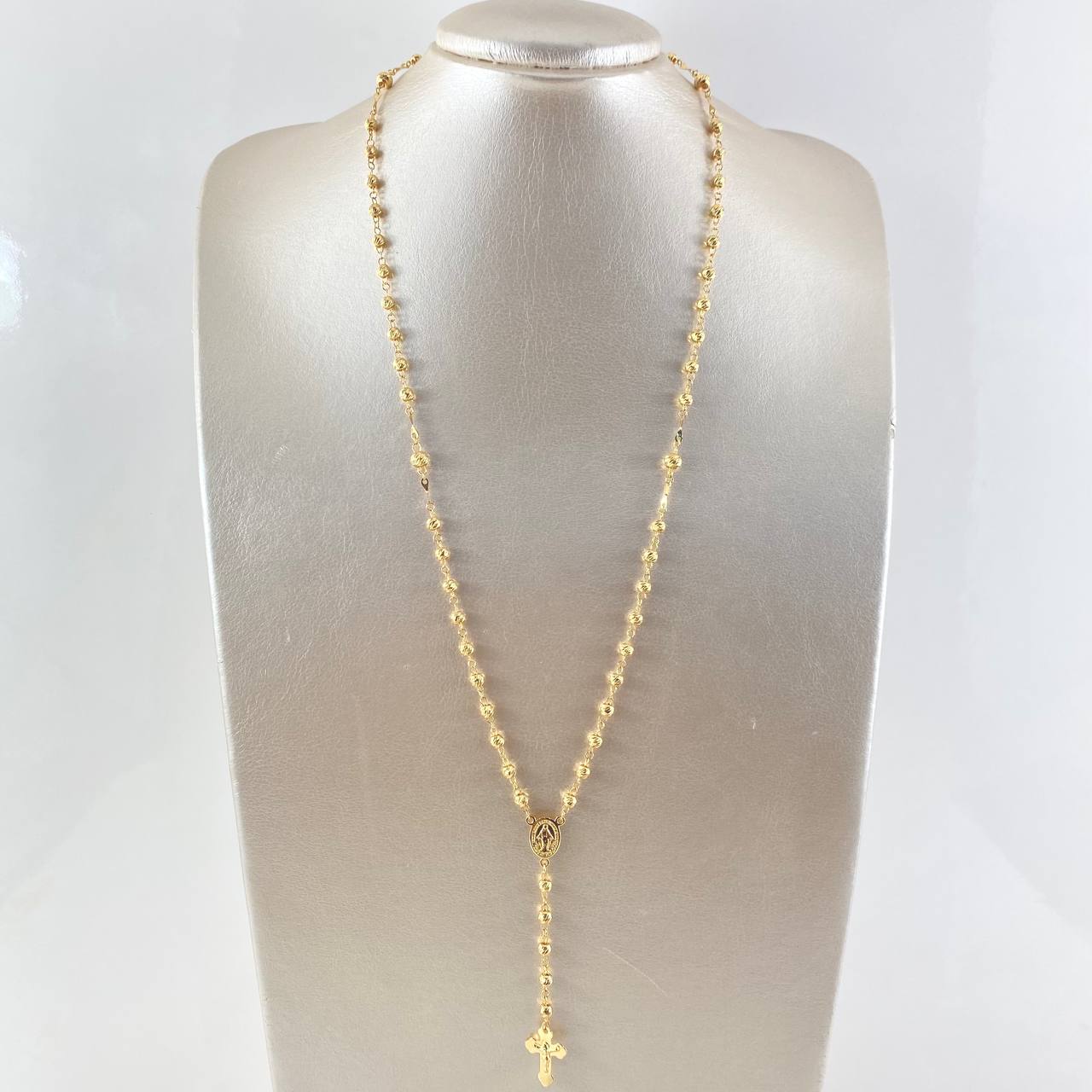 Rosario Virgen Milagrosa 10.95gr / 60cm / 4mm-5mm Bolas Diamantadas Cruz Cristo Floreada Oro Amarillo 18K