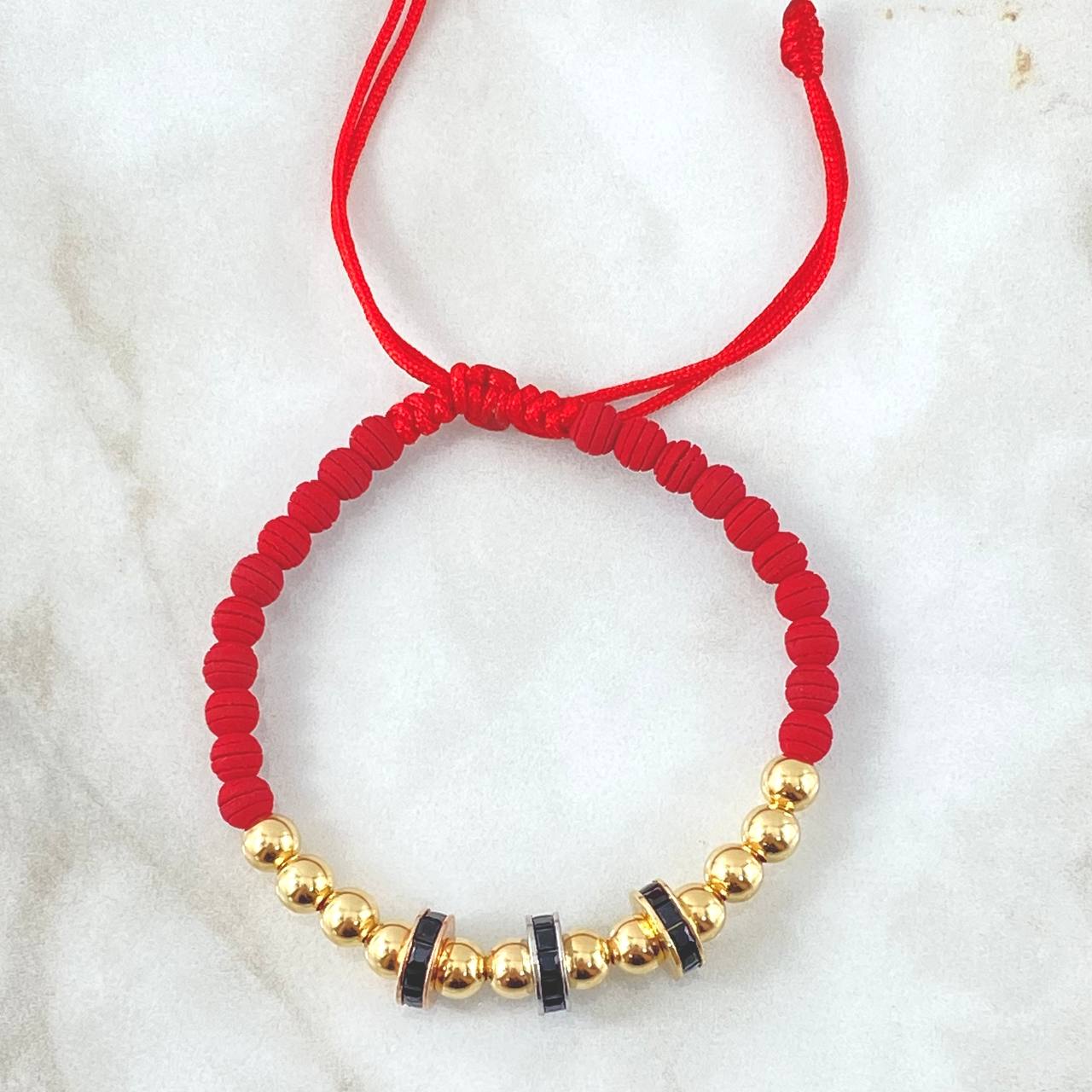Pulsera Roja Herraje Rueda 4.55gr / 5mm Bolas Lisas 12 und Tres Oros 18K ©