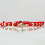 Pulsera Roja Herraje Crúz Lisa 0.85gr / 3mm-4mm Bolas Lisas 8 und Oro Amarillo 18K *