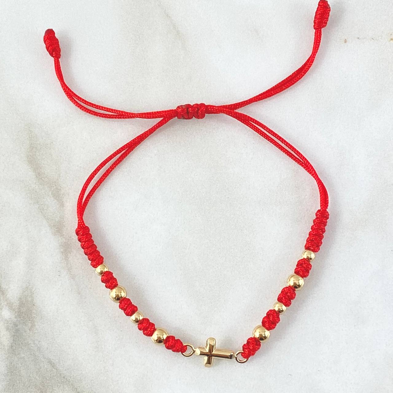 Pulsera Roja Herraje Crúz Lisa 0.85gr / 3mm-4mm Bolas Lisas 8 und Oro Amarillo 18K *