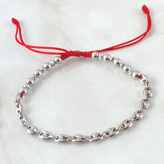 Pulsera Roja Retazo GC 2.85gr / 3mm-4mm Bolas Lisas 10 und Diamantadas 8 und Oro Blanco 18K ©