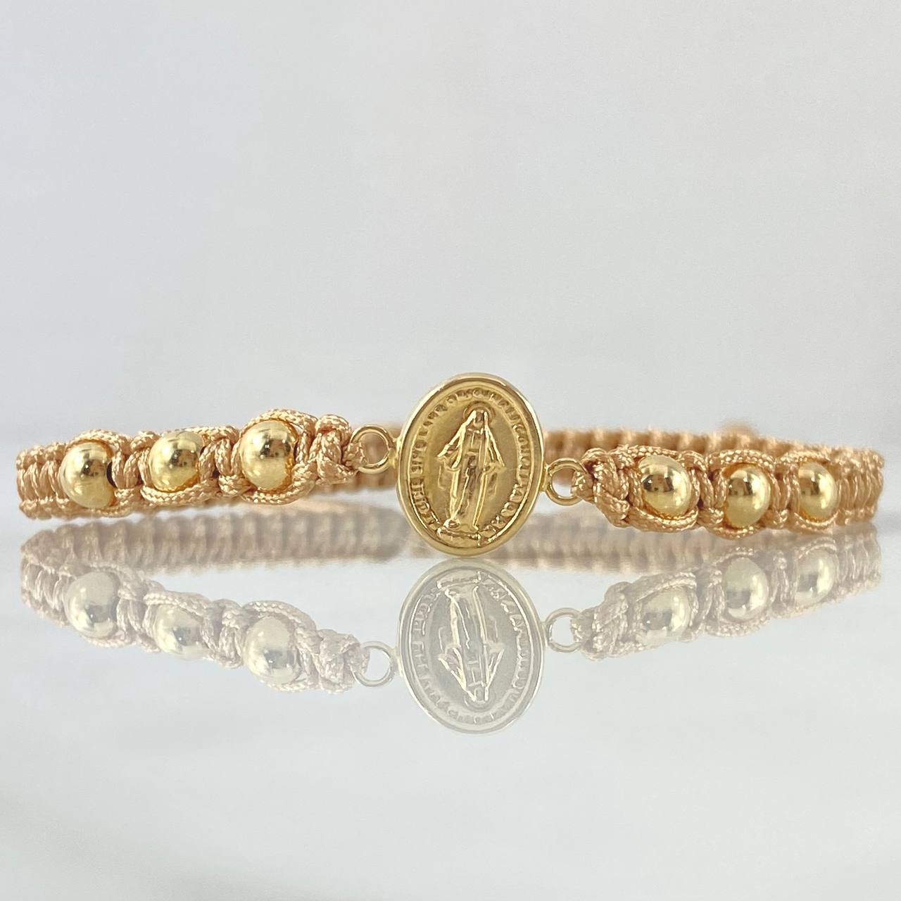 Pulsera Beige Herraje Virgen Milagrosa 1.05gr / 4mm Bolas Lisas 6 und Oro Amarillo 18K ©