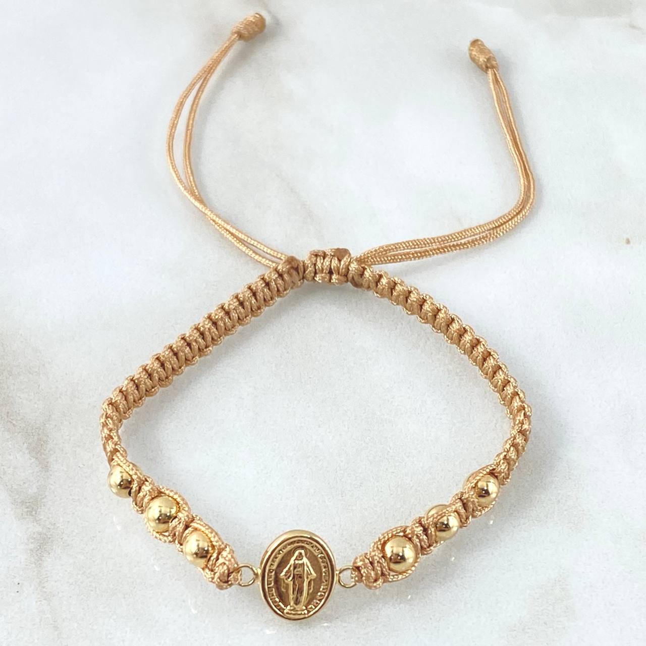 Pulsera Beige Herraje Virgen Milagrosa 1.05gr / 4mm Bolas Lisas 6 und Oro Amarillo 18K ©