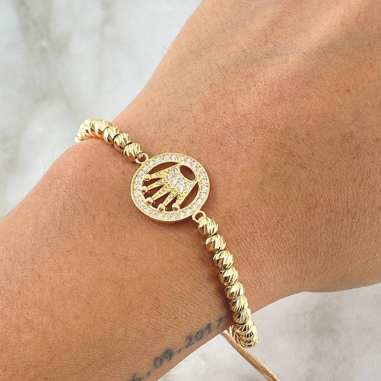 Pulsera Beige Herraje Circulo Corona RX 5.7gr / 4mm Bolas Diamantadas 40 und Oro Amarillo 18K ©