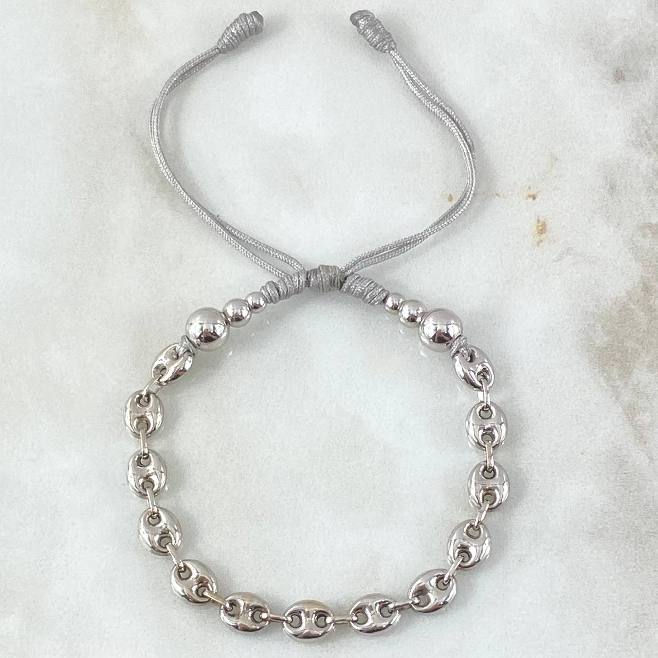 Pulsera Gris Retazo GC 3.1gr / 3mm-4mm-6mm Bolas Lisas 6 und Oro Blanco 18K