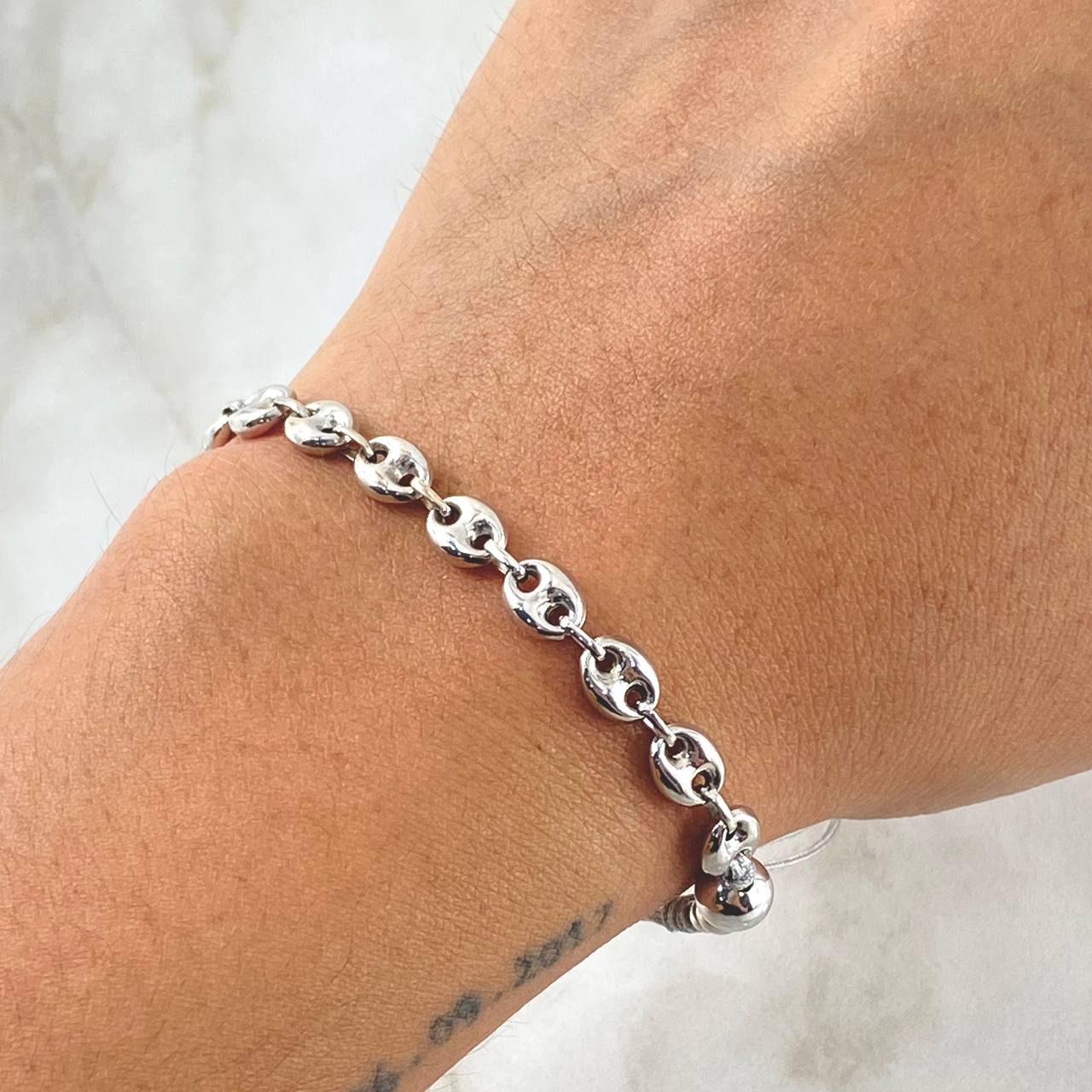 Pulsera Gris Retazo GC 3.1gr / 3mm-4mm-6mm Bolas Lisas 6 und Oro Blanco 18K