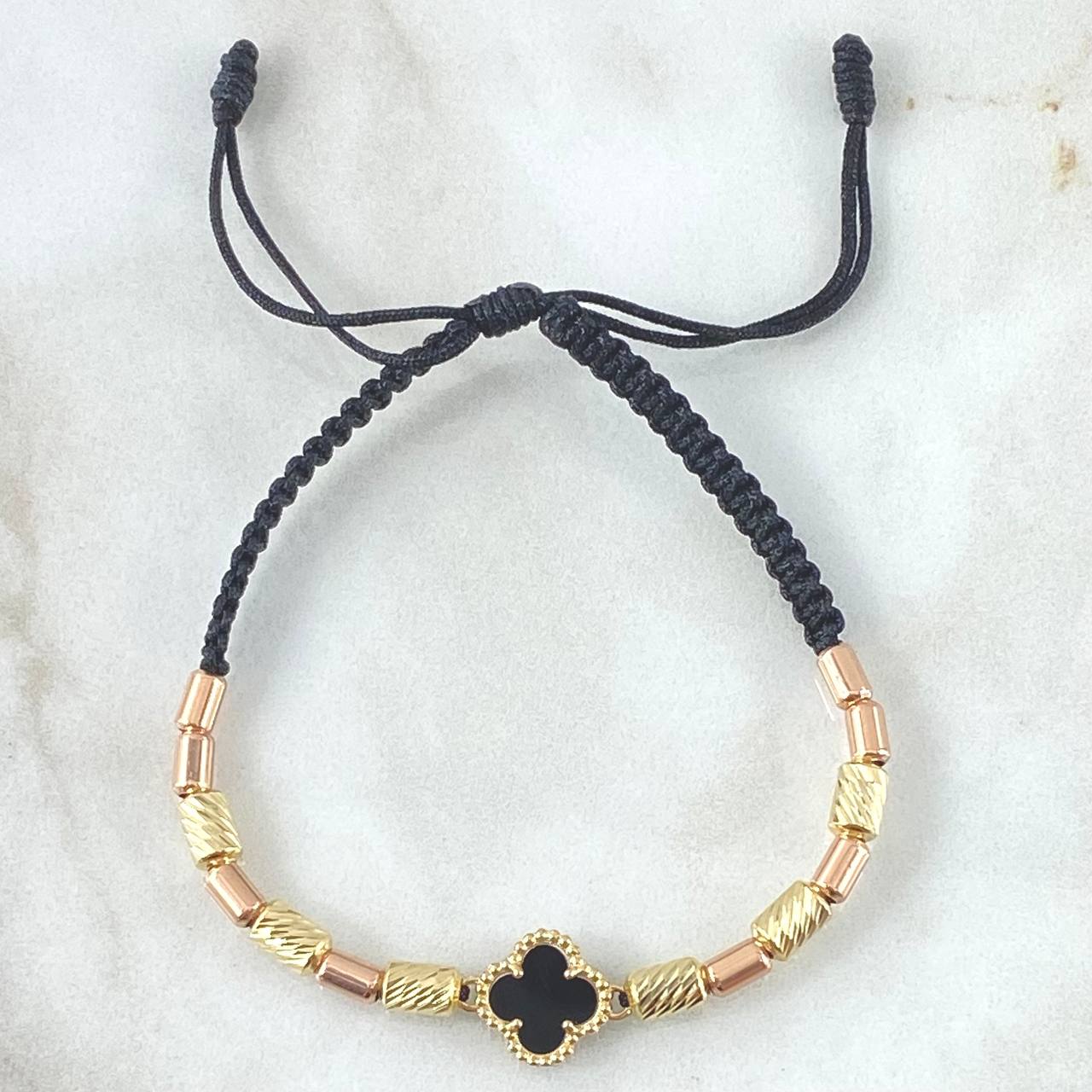Pulsera Negra Herraje Trébol VCyA Onix Negro 2.9gr / 3mm-4mm Cilindros Diamantados 6 und Lisos 8 und Dos Oros Amarillo Rosa 18K *