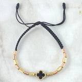 Pulsera Negra Herraje Trébol VCyA Onix Negro 2.9gr / 3mm-4mm Cilindros Diamantados 6 und Lisos 8 und Dos Oros Amarillo Rosa 18K *