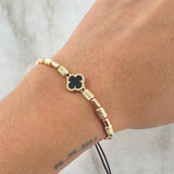 Pulsera Negra Herraje Trébol VCyA Onix Negro 2.9gr / 3mm-4mm Cilindros Diamantados 6 und Lisos 8 und Dos Oros Amarillo Rosa 18K *