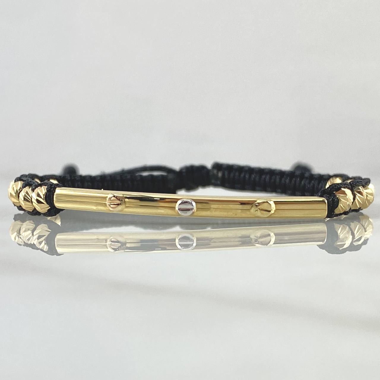 Pulsera Negra Herraje Cilindro Trio De Clavos 1.7gr / 4mm Bolas Diamantadas 12 und Tres Oros 18K ©
