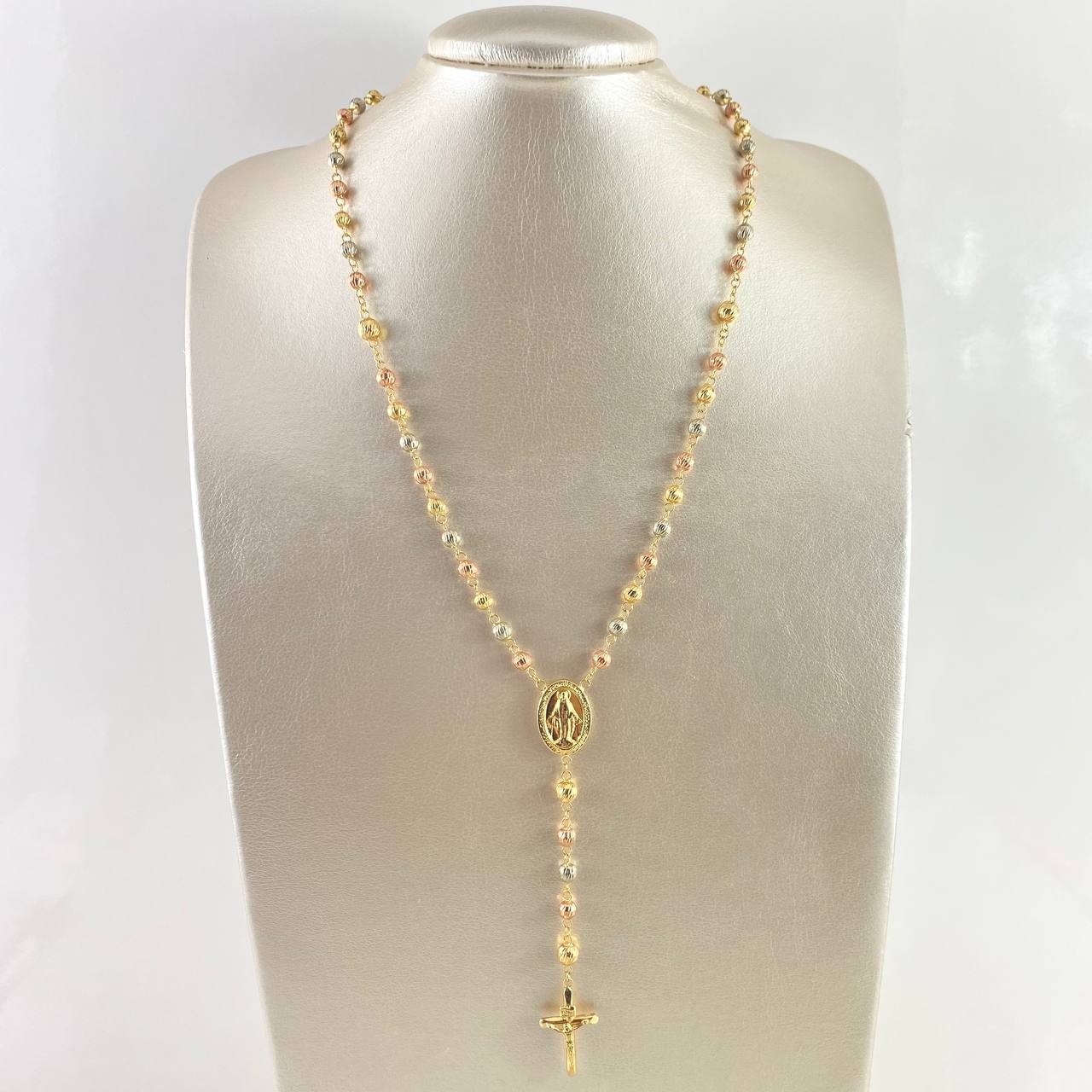 Rosario Virgen Milagrosa 15.45gr / 60cm / 6mm-5mm Bolas Diamantadas Cruz Cristo Tres Oros *
