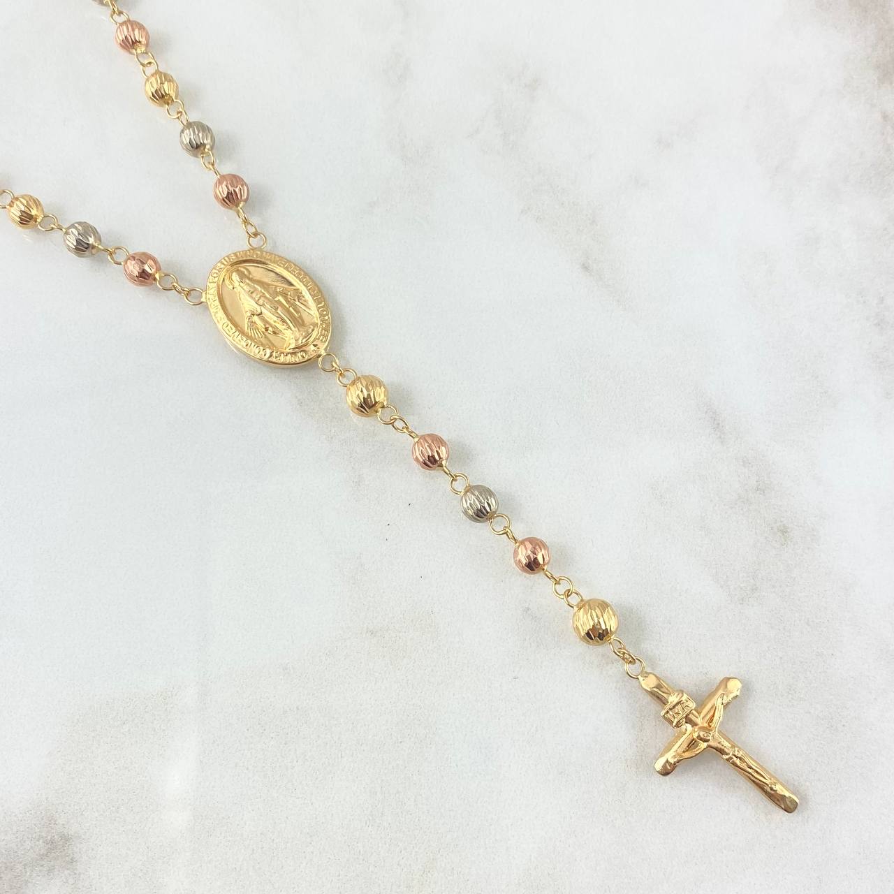Rosario Virgen Milagrosa 15.45gr / 60cm / 6mm-5mm Bolas Diamantadas Cruz Cristo Tres Oros *