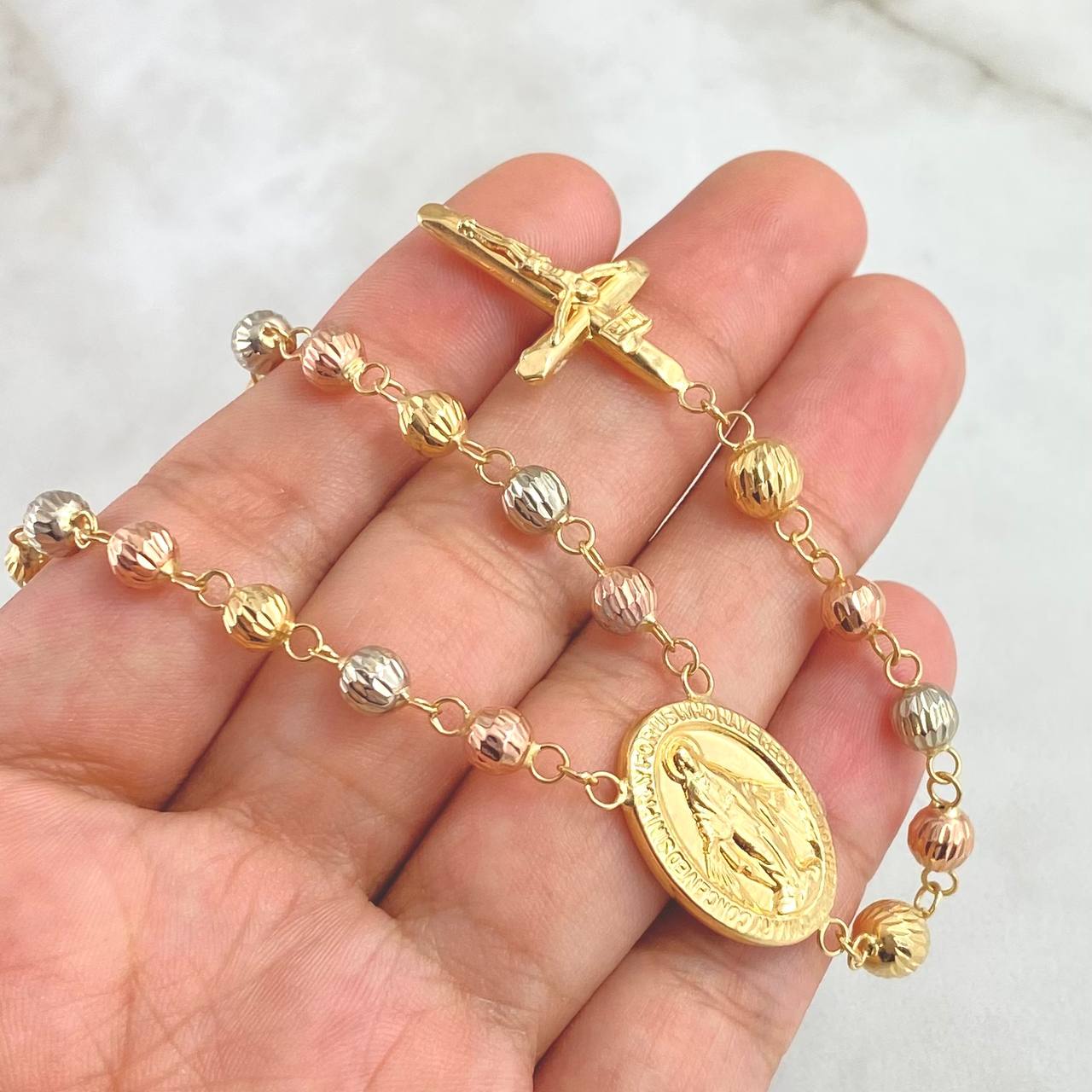 Rosario Virgen Milagrosa 15.45gr / 60cm / 6mm-5mm Bolas Diamantadas Cruz Cristo Tres Oros *