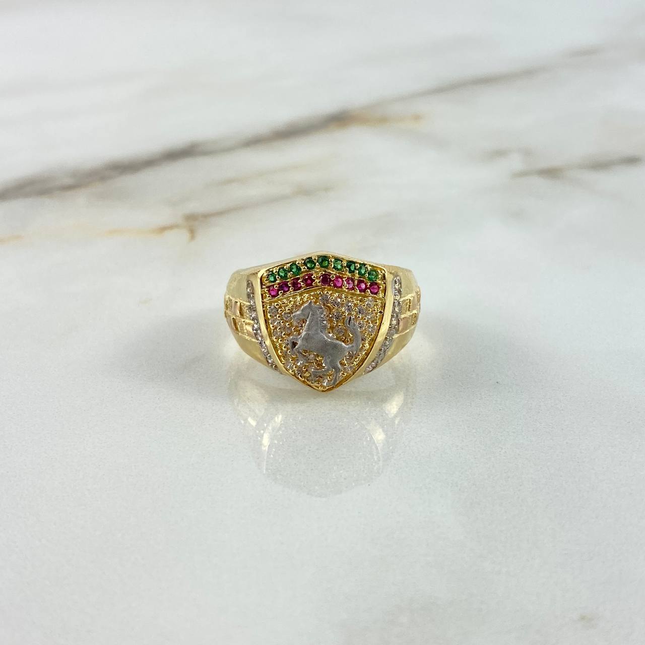 Anillo Caballo FR 6.5gr / T10 1/2 / Circones Blancos-Rojos-Verdes Dos Oros Amarillo Blanco ©