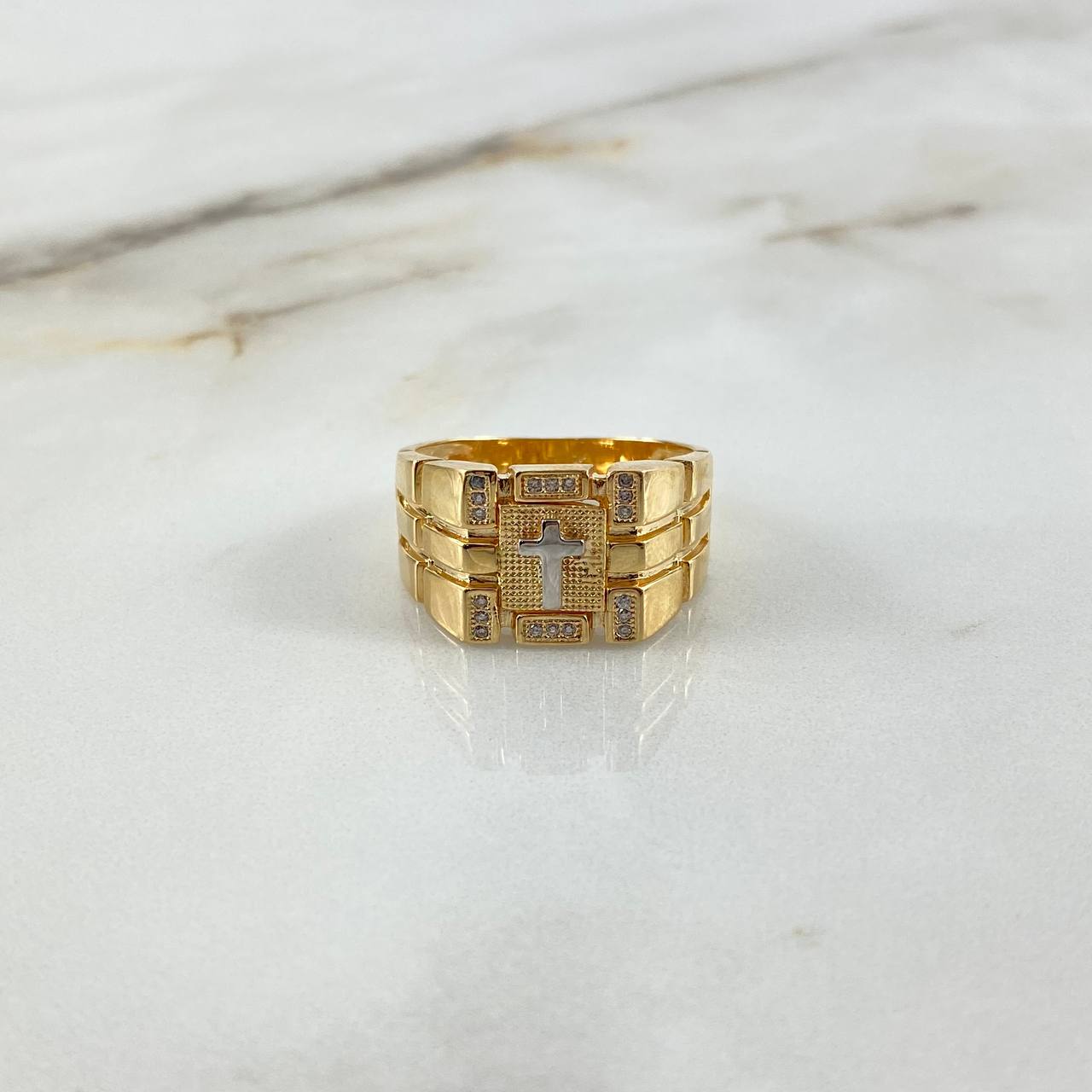 Anillo Cruz Rudimentaria 8.65gr / T10 3/4 / Circones Blancos Dos Oros Amarillo Blanco ©