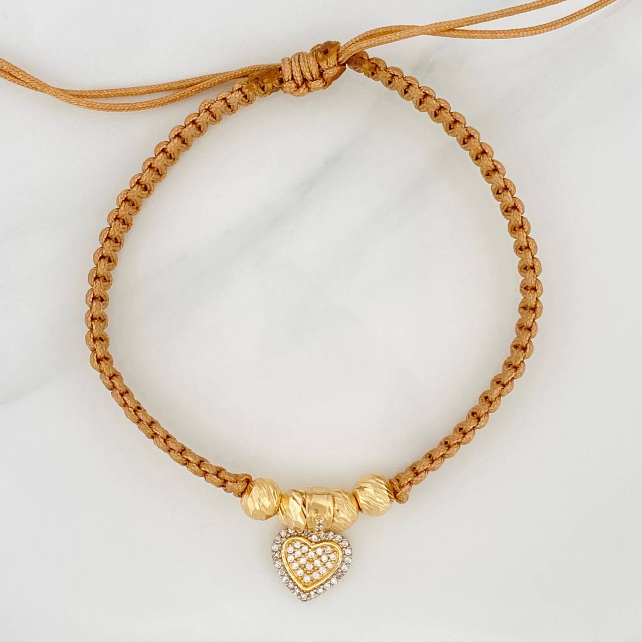 Pulsera Tejida Caqui Corazon 2.1gr / 6mm Dos Oros Amarillo Blanco 18K &