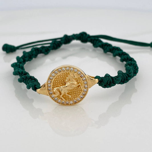 Pulsera Tejida Verde Sello Caballo 3.5gr / Oro Amarillo 18K