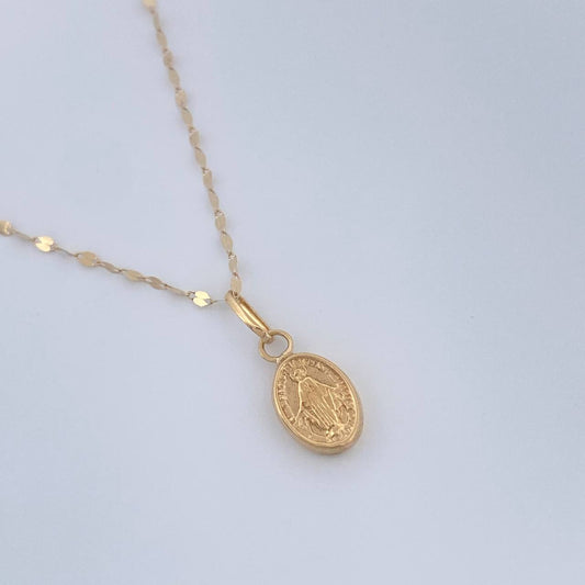 Set Cadena y Dije Flor Espejo + Virgen Milagrosa 0.65gr / 50cm / Oro Amarillo 18K (Oferta) &