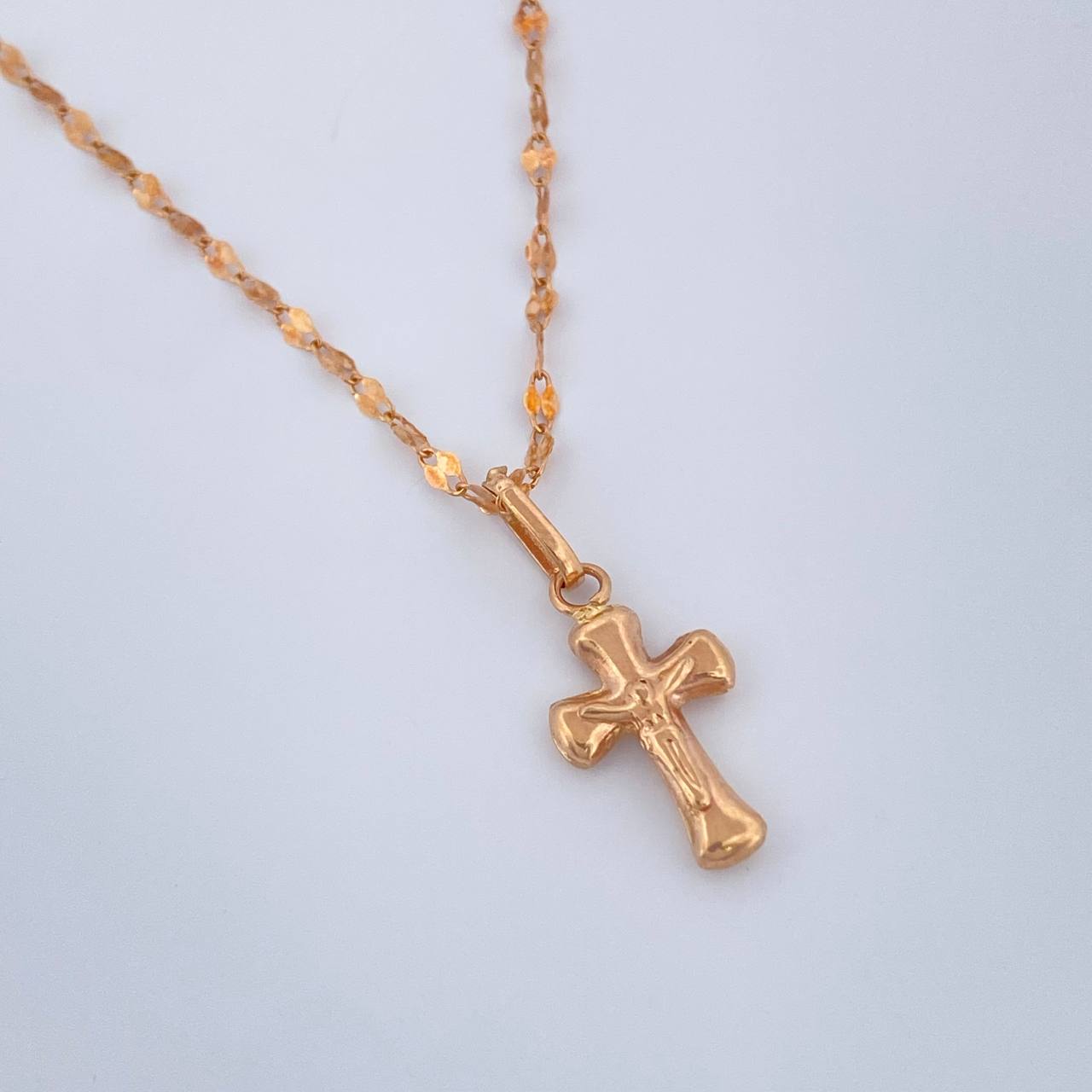 Set Cadena y Dije Flor Espejo + Cruz Cristo 1.4gr / 50.2cm / Oro Rosa 18K (Oferta) &