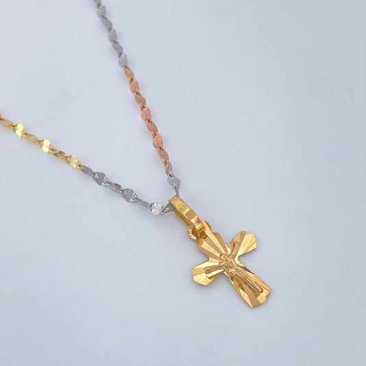 Set Cadena y Dije Flor Espejo + Cruz Cristo 1.45gr / 50cm / Tres Oros 18K (Oferta) &