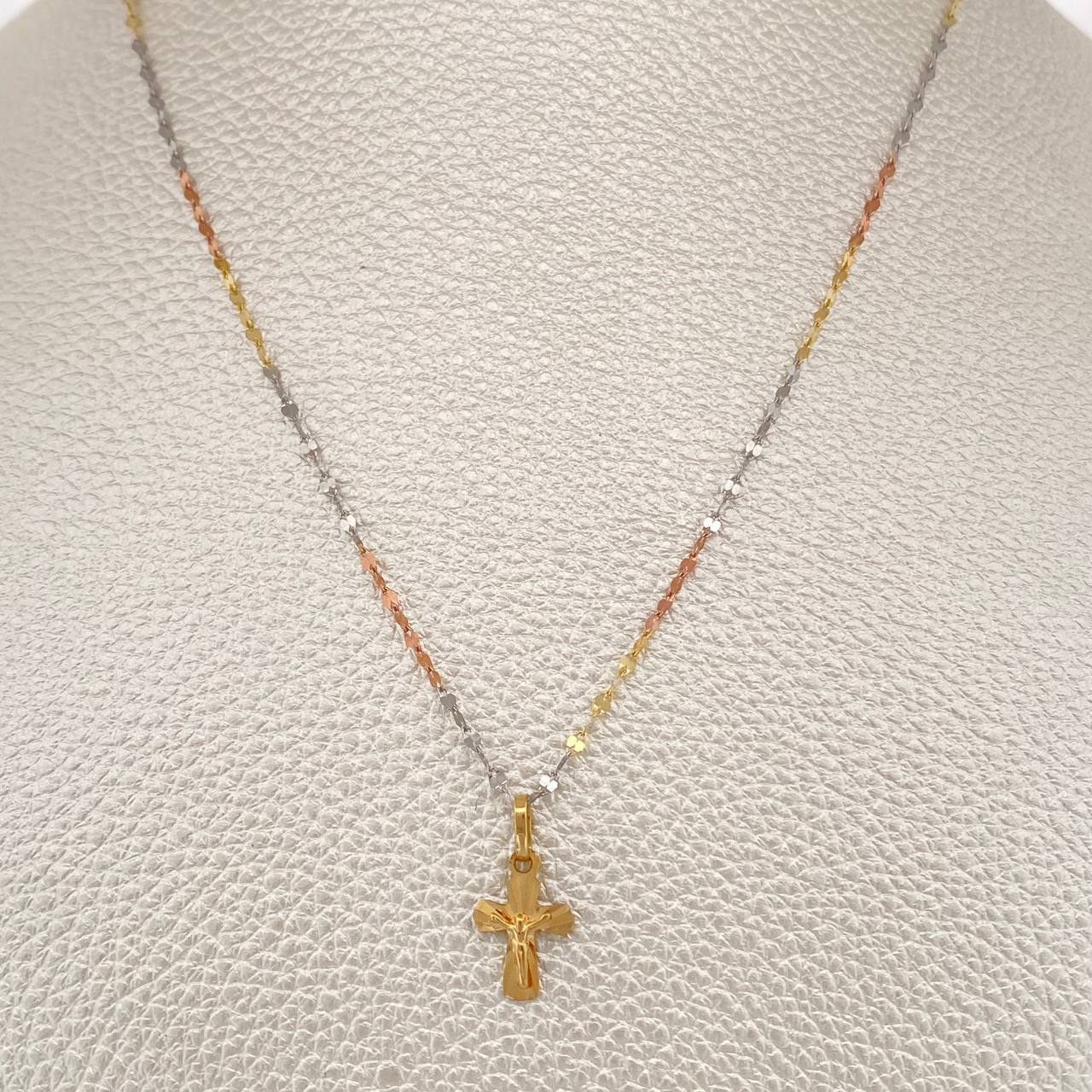 Set Cadena y Dije Flor Espejo + Cruz Cristo 1.45gr / 50cm / Tres Oros 18K (Oferta) &