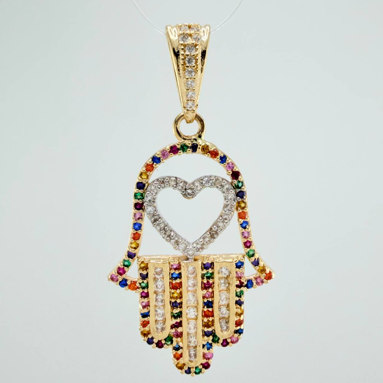 Dije Mano Hamsa Corazon 4.45gr / 4cm / Dos Oros Amarillo Blanco 18K