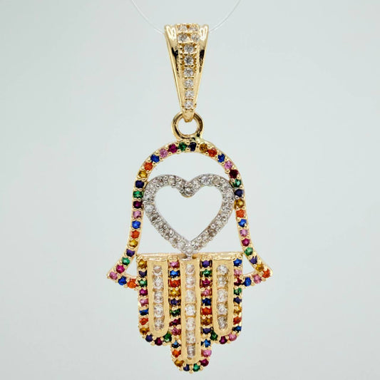 Dije Mano Hamsa Corazon 4.45gr / 4cm / Dos Oros Amarillo Blanco 18K