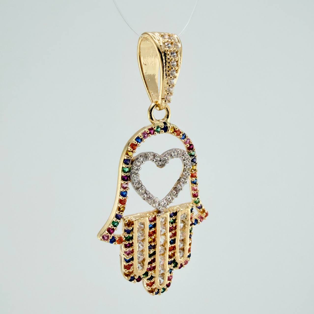 Dije Mano Hamsa Corazon 4.45gr / 4cm / Dos Oros Amarillo Blanco 18K