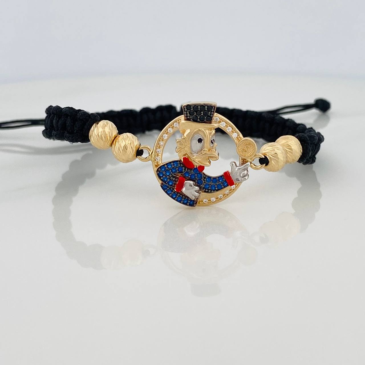 Pulsera Tejida Negra Pato Inspirado 4.45gr /  6mm Tres Oros 18K &