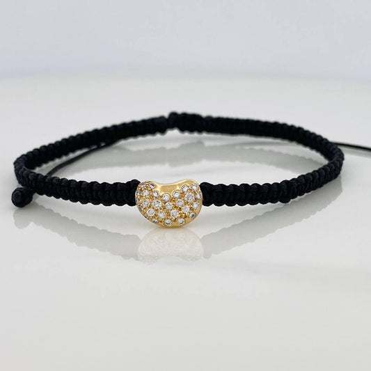 Pulsera Tejida Negra Corazon Tupido 1.75gr / Oro Amarillo 18K